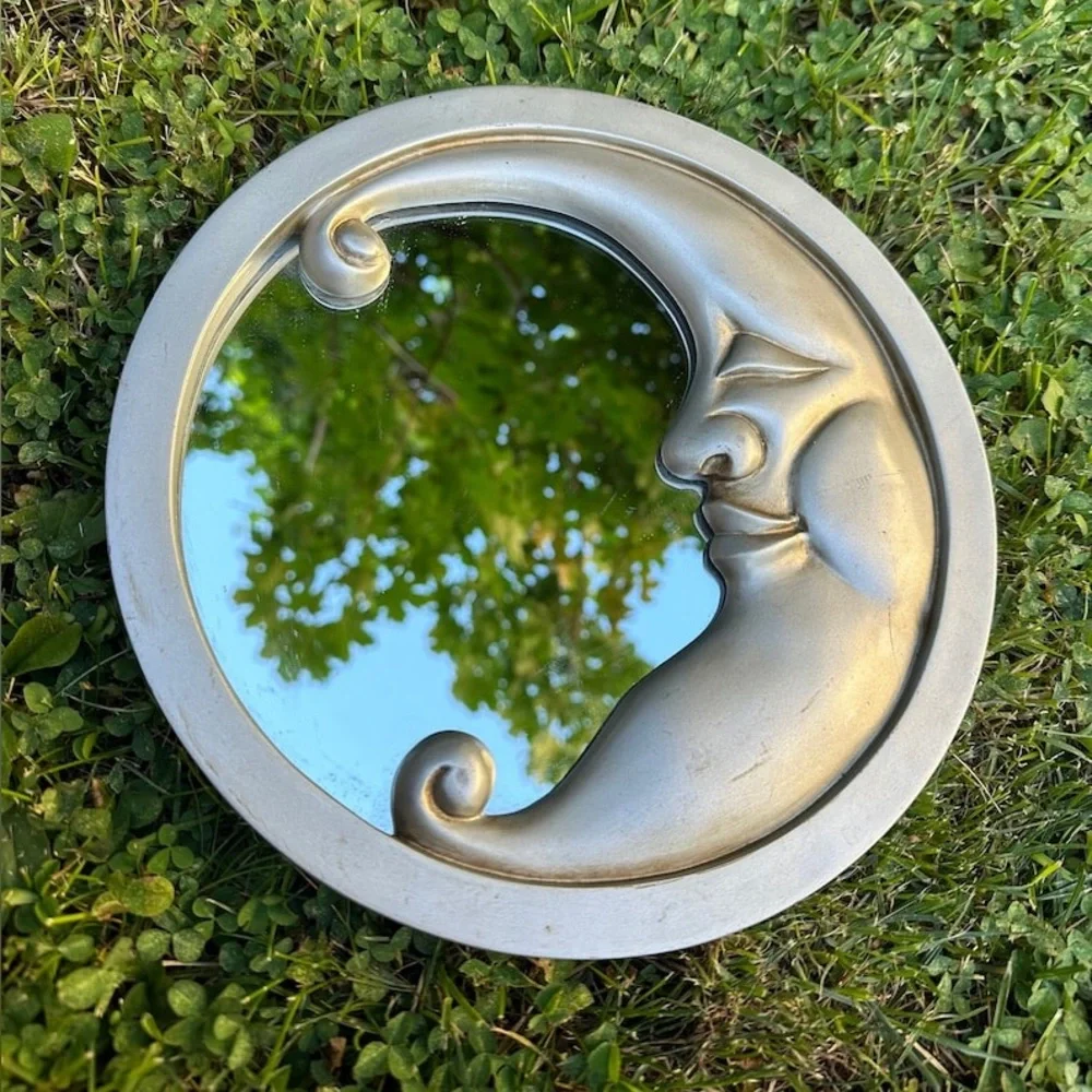Vintage Retro 90s Y2K Silver Circle Crescent Moon Wall Accent Celestial Mirror